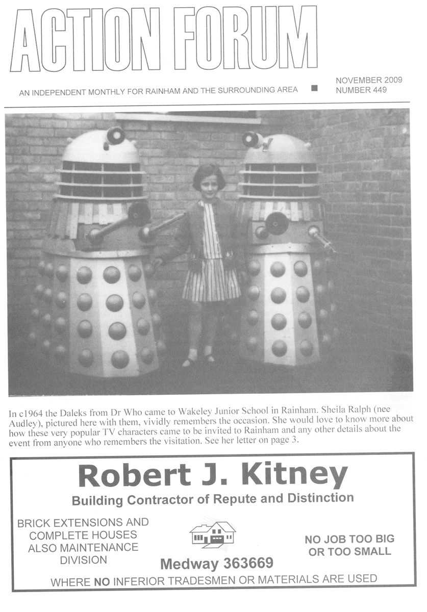 Action Forum -  November 2009 Cover photo of Daleks from Dr Who at Wakeley Road Junior School in Rainham in 1964 with Sheila Ralph 