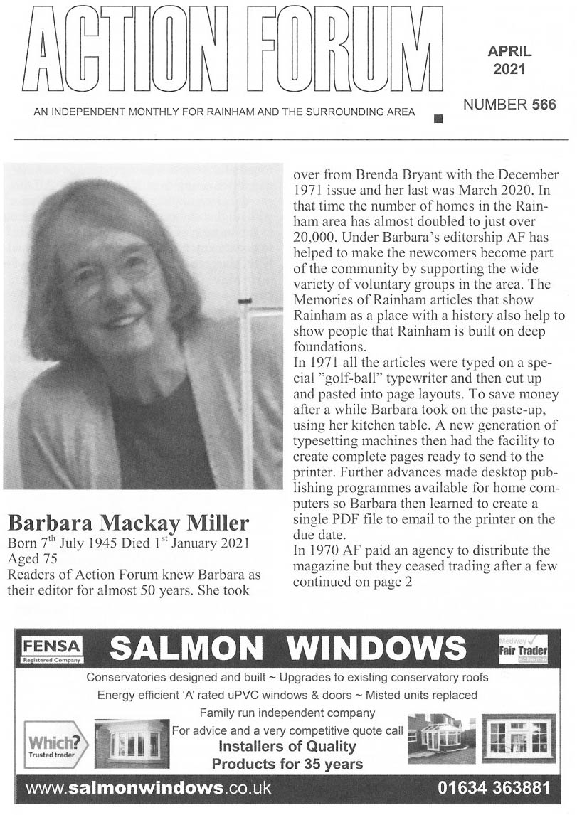 Action Forum magazine number 566, April 2021.   
Cover photo is of Barbara Mackay Miller