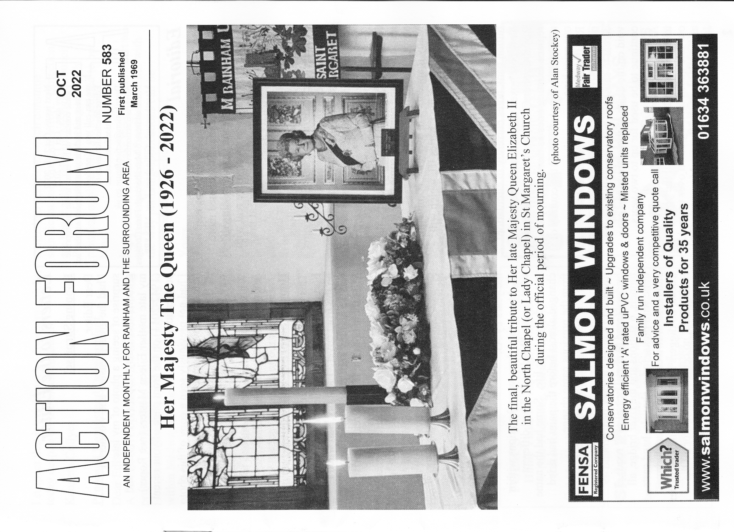 Action Forum magazine number 583 , October 2022.  Cover picture is of tributes to Her Majesty Queen Elizabeth II in St Margaret's Church Rainham in September 2022.