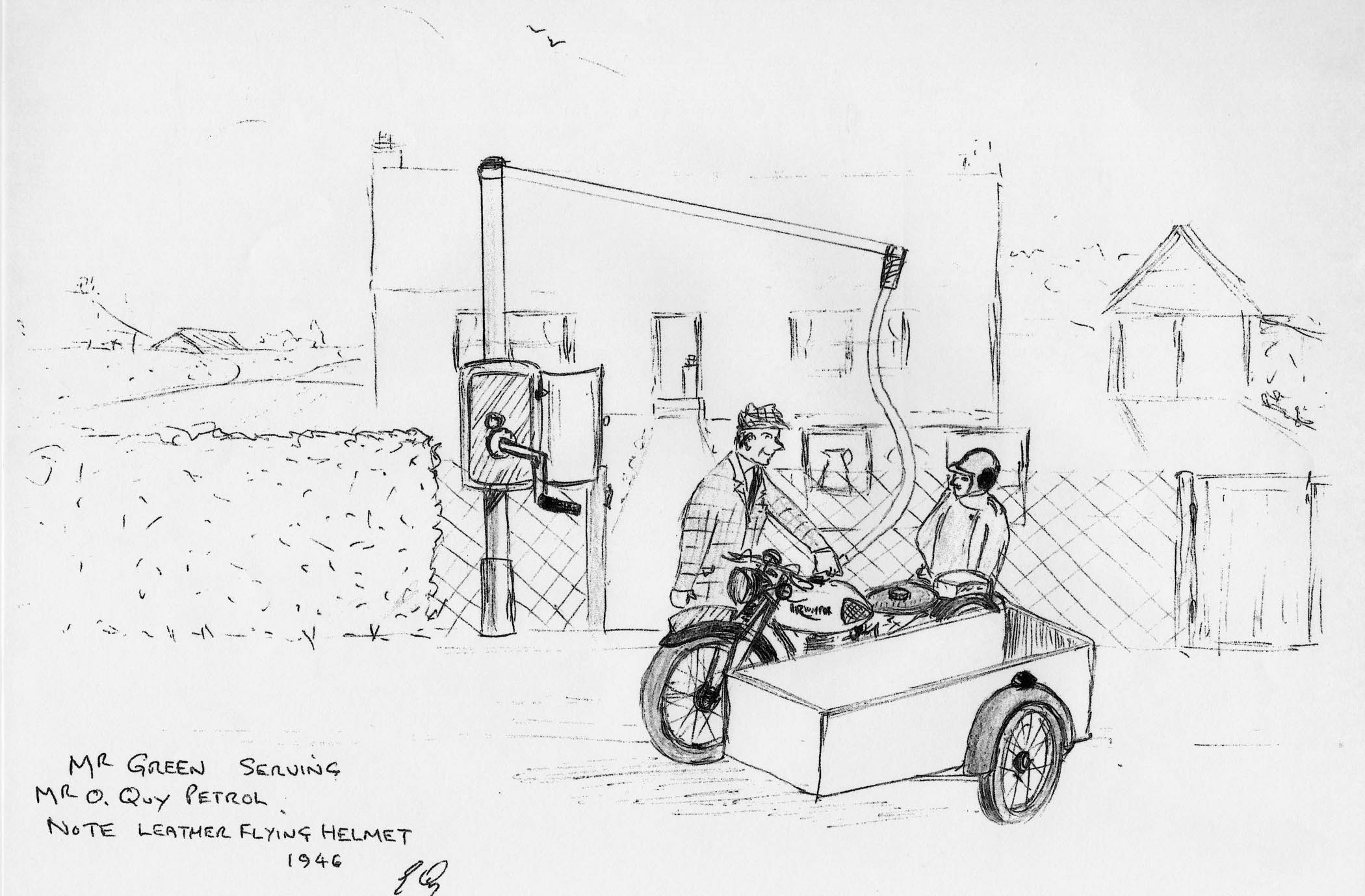 Mr Green serving petrol to Mr O Quy at Hempstead Garage 1946
